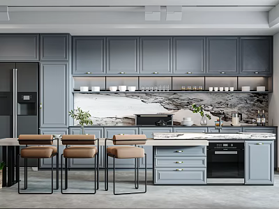 Modern Gray Kitchen Interior With Marble Island Bar Stools And Plants 3d model