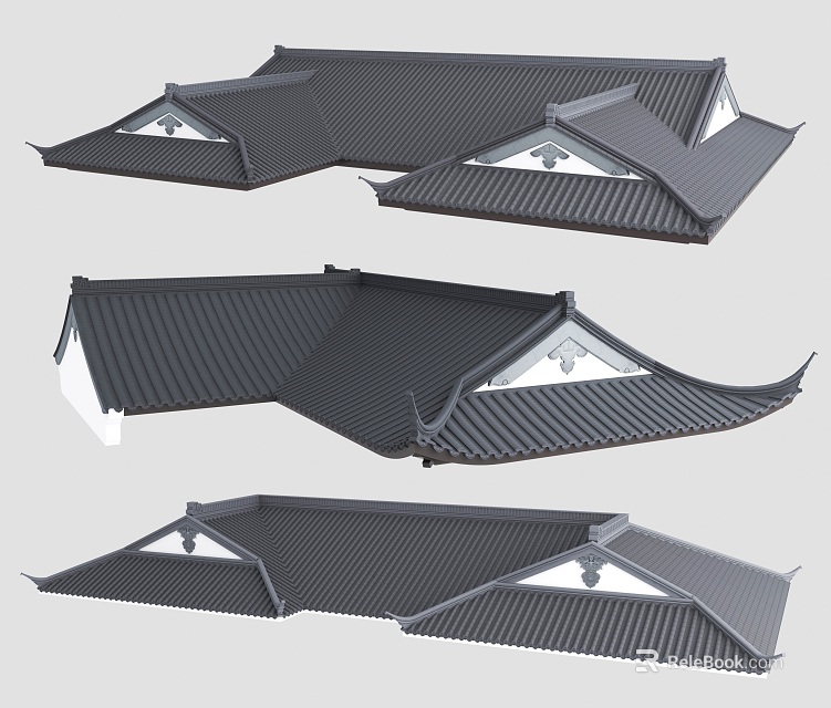 Traditional Oriental Roof Structures With Black Tiles Decorative Eaves And Multiple Angles 3d model 