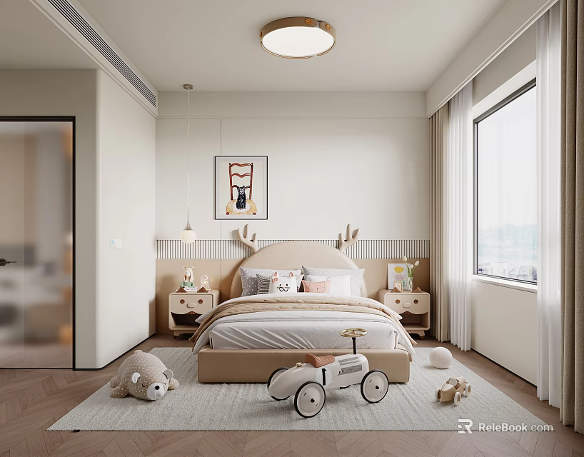 Cozy Kids Room Interior With Deer Headboard Soft Pillows Plush Bear And Tricycle Toy 3d model 