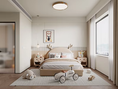 Cozy Kids Room Interior With Deer Headboard Soft Pillows Plush Bear And Tricycle Toy 3d model