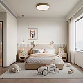 Cozy Kids Room Interior With Deer Headboard Soft Pillows Plush Bear And Tricycle Toy
