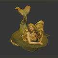 Elegant Mermaid Sculpture With Flowing Golden Hair Holding Large Seashell And Orange Blue Tail