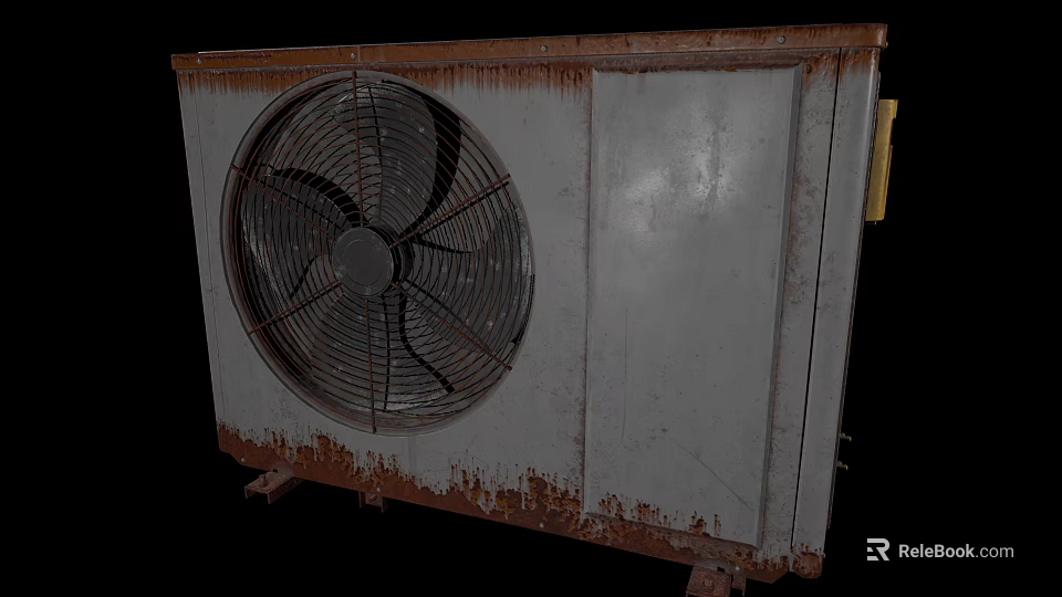 Old Rusted Air Conditioner Fan With Metal Casing And Rotating Blades 3d model 