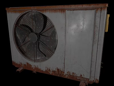Old Rusted Air Conditioner Fan With Metal Casing And Rotating Blades 3d model