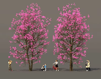 Fresh Picnic Food Under Pink Blossom Trees With People Enjoying Meal 3d model