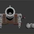 Vintage Cannon Weapon with Metal Barrel Wooden Carriage and Wheels and Cannonballs on Dark Background