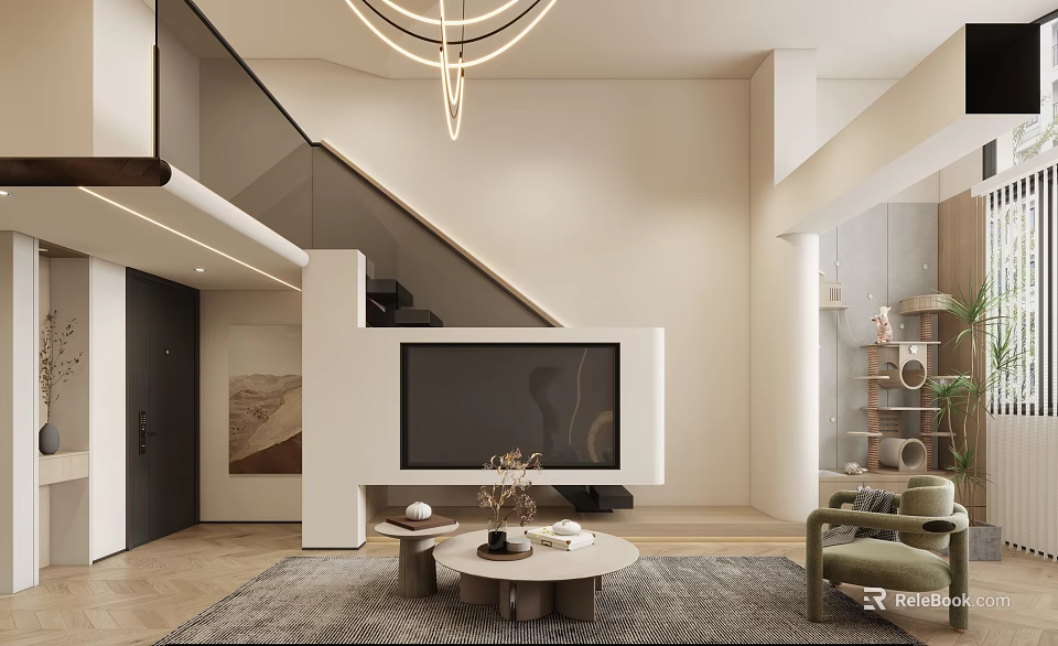 Modern Duplex Living Room Interior With Staircase TV Wall And Coffee Table 3d model 