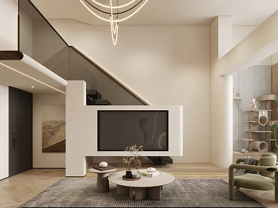 Modern Duplex Living Room Interior With Staircase TV Wall And Coffee Table 3d model
