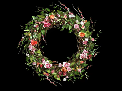 Floral Wreath Hanging Ornament with Pink Orange White Blooms and Green Leaves for Home Decor 3d model