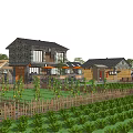 Rural Landscape With Traditional Stone House Tiled Roof Wooden Fence Vegetable Garden And Surrounding Trees