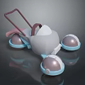 Cartoonish Toy Like Object With Pink Handle Gray Body And Blue Spherical Bases