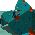 Climbing Wall Sports Equipment With Multifaceted Red And Blue Panels Colorful Holds And Climbers