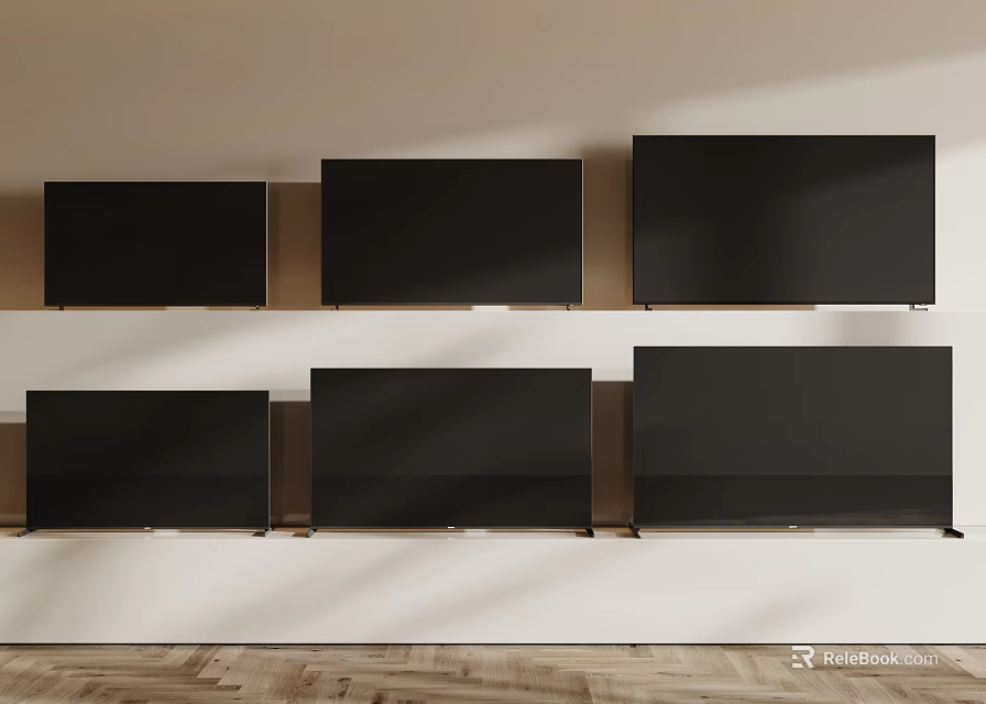 Multiple Modern Televisions Mounted on Light Colored Wall with Wooden Floor 3d model
