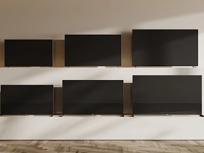 Multiple Modern Televisions Mounted on Light Colored Wall with Wooden Floor 3d model