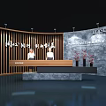 Modern Reception Desk With Wooden Panel Gray Wall LOGO And Red Decorative Flowers