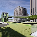 Modern Office Building with Green Block Facade and Contemporary Design Plaza Area