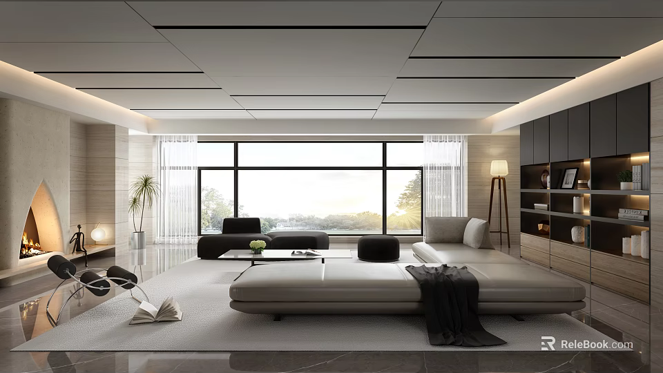 Modern Living Room Interior Design With Large Windows Sofa And Coffee Table 3d model 