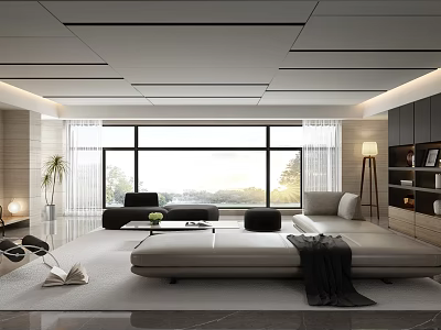 Modern Living Room Interior Design With Large Windows Sofa And Coffee Table 3d model
