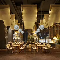 Modern Restaurant Interior Design With Decorative Ceiling Lights Bar Counter Menu Screens And Green Plants