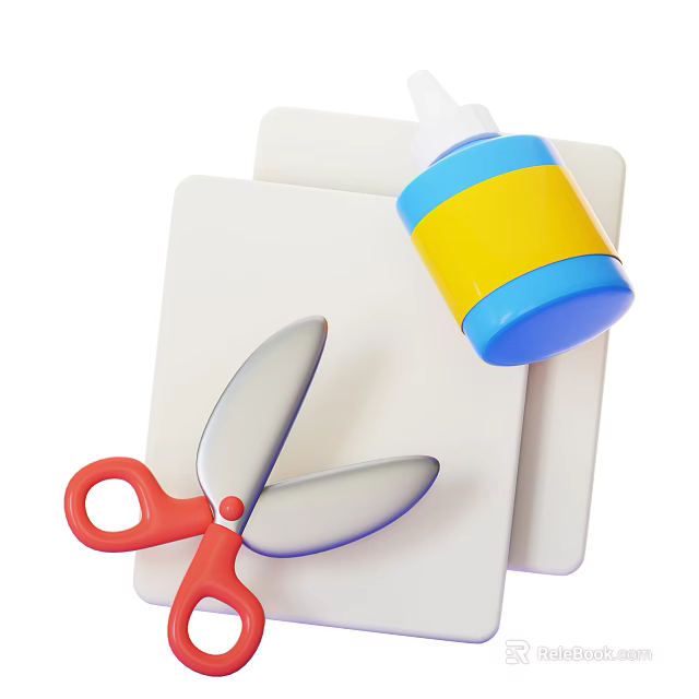 Essential Everyday Living Supplies With Red Scissors Blue Yellow Glue Bottle And White Cutting Mats 3d model 