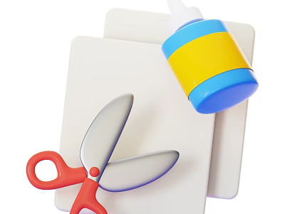 Essential Everyday Living Supplies With Red Scissors Blue Yellow Glue Bottle And White Cutting Mats 3d model