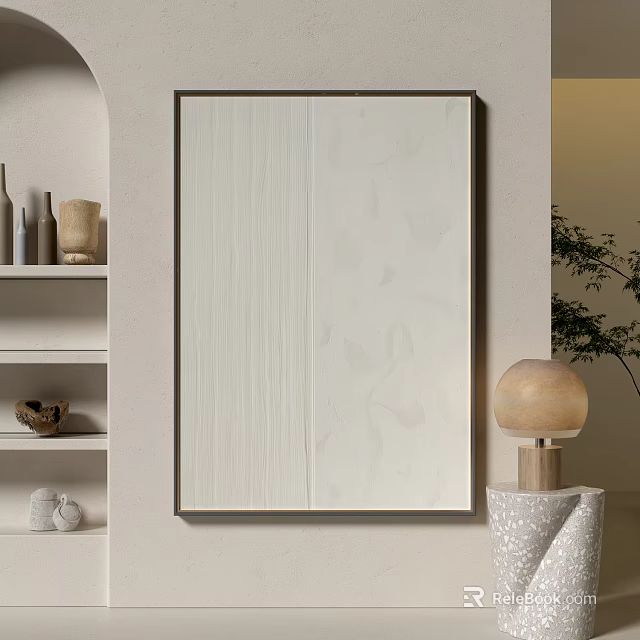 Minimalist Framed Artwork On Beige Wall With Decorative Shelf Table Lamp And Plant 3d model 