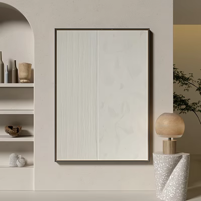 Minimalist Framed Artwork On Beige Wall With Decorative Shelf Table Lamp And Plant 3d model