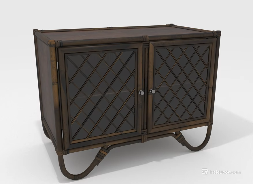Vintage Wooden Storage Cabinet With Diamond Lattice Glass Doors And Curved Legs 3d model 