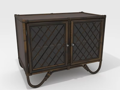 Vintage Wooden Storage Cabinet With Diamond Lattice Glass Doors And Curved Legs 3d model
