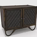 Vintage Wooden Storage Cabinet With Diamond Lattice Glass Doors And Curved Legs