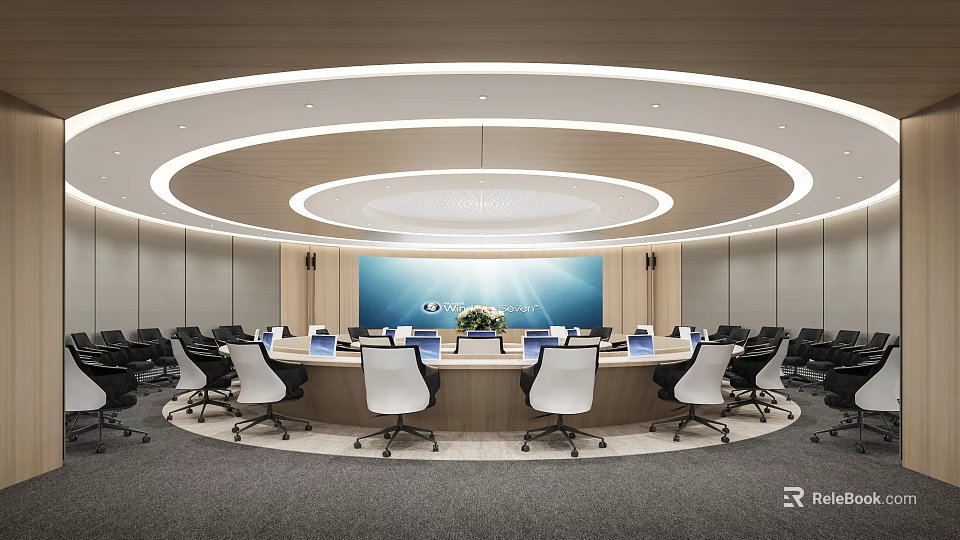 Modern Conference Room Interior With Round Table Laptops And Large Screen Lighting Design 3d model