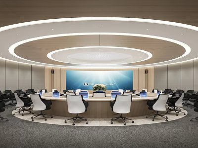 Modern Conference Room Interior With Round Table Laptops And Large Screen Lighting Design 3d model