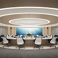 Modern Conference Room Interior With Round Table Laptops And Large Screen Lighting Design 3d model