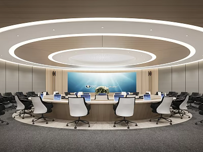 Modern Conference Room Interior With Round Table Laptops And Large Screen Lighting Design 3d model
