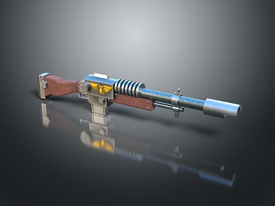 Vintage Mechanical Weapon With Wooden Stock Spiral Metal Parts And Yellow Accent 3d model