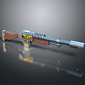 Vintage Mechanical Weapon With Wooden Stock Spiral Metal Parts And Yellow Accent
