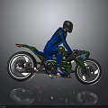 Green Sporty Motorcycle With Rider Wearing Blue Suit With Green Patterns And Helmet
