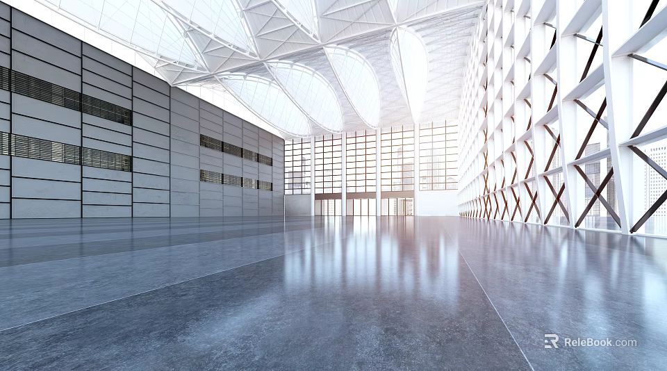 Spacious Modern Lobby With Geometric Ceiling Glass Walls And Polished Floor 3d model 