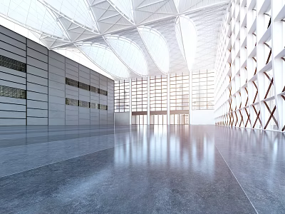 Spacious Modern Lobby With Geometric Ceiling Glass Walls And Polished Floor 3d model