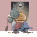 Stylish Pink And Blue Accent Chairs In Modern Interior With Circular Decor Floor Lamp And Artwork