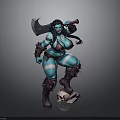Blue Skinned Female Warrior in Armored Outfit Holding Large Axe With Skull at Feet