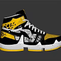 Stylish High Top Athletic Sneakers With Black Yellow White Mesh And Pattern Design