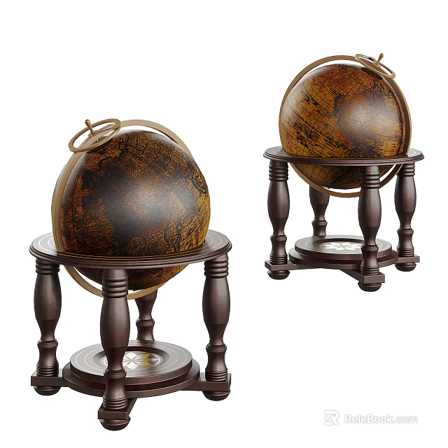 Vintage Globe Decorative Ornament Set With Wooden Carved Stand And Antique Design 3d model 