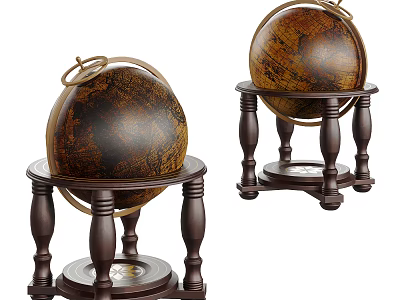Vintage Globe Decorative Ornament Set With Wooden Carved Stand And Antique Design 3d model