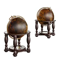 Vintage Globe Decorative Ornament Set With Wooden Carved Stand And Antique Design
