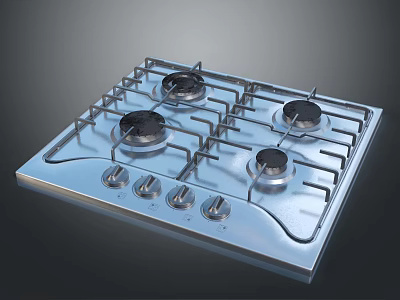 Modern Stainless Steel Gas Stove With Four Burners And Control Knobs 3d model