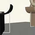 Modern Curved Wooden Stool with Woman Sitting and Black Curved Stool with Books Near White Wall