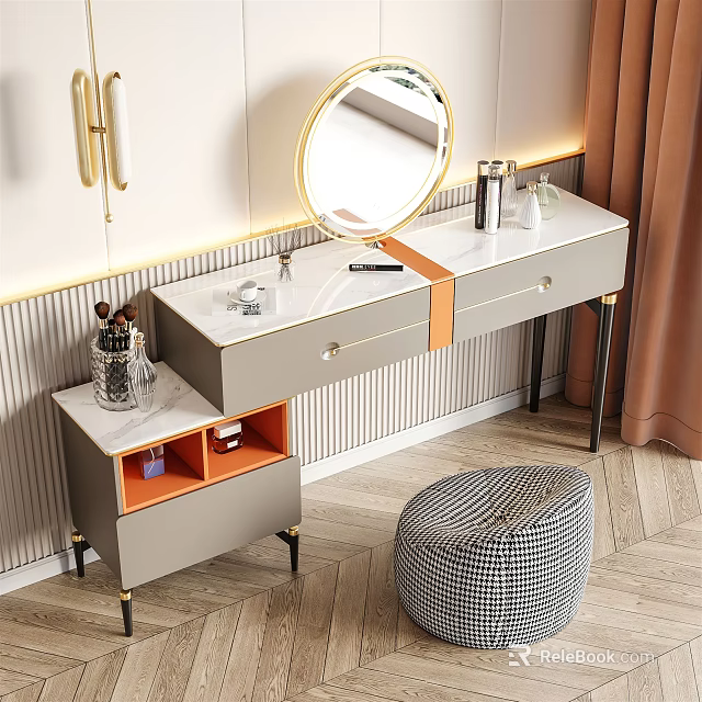 Modern Dressing Table With White Top Gray Orange Drawers Round Mirror And Striped Stool 3d model 