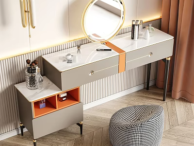 Modern Dressing Table With White Top Gray Orange Drawers Round Mirror And Striped Stool 3d model
