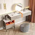 Modern Dressing Table With White Top Gray Orange Drawers Round Mirror And Striped Stool
